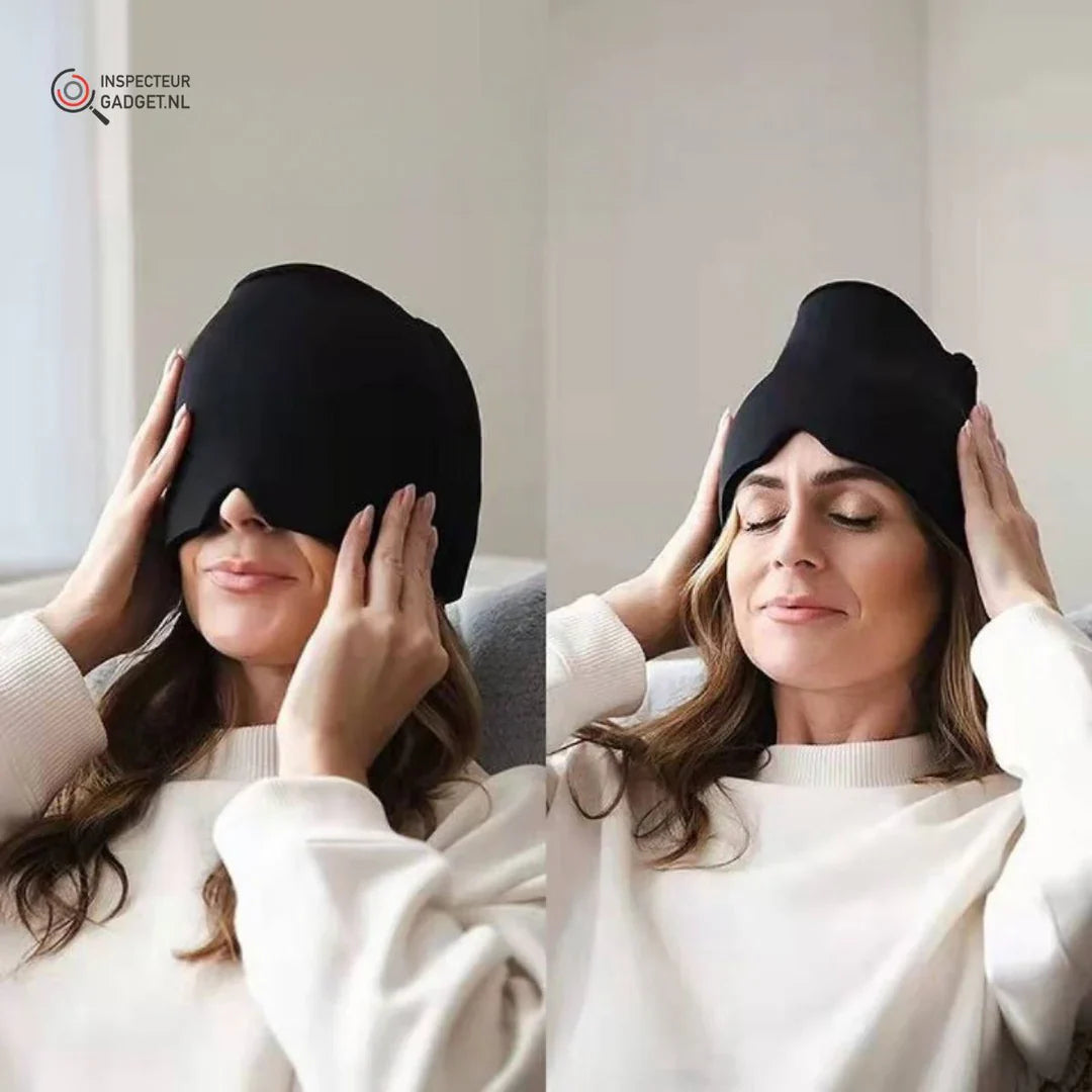 Kühl- und Wärmemaske für Kopf und Augen, blau, mit 360°-Passform, ideal zur Schmerzlinderung und Entspannung.