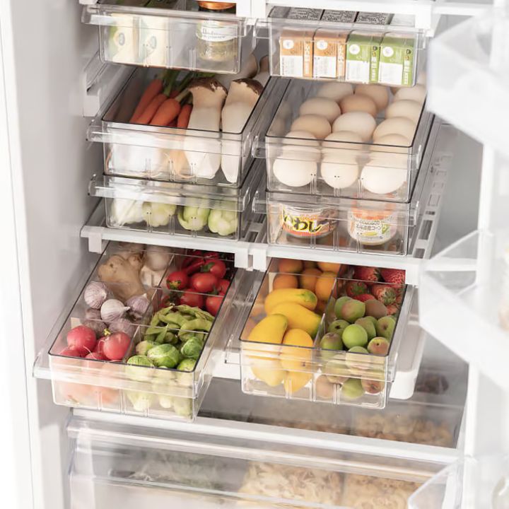 "Kühlschrank-Organizer platzsparend, BPA-frei, transparent, Schubladen für Eier, Obst, Gemüse effizient ordnen."