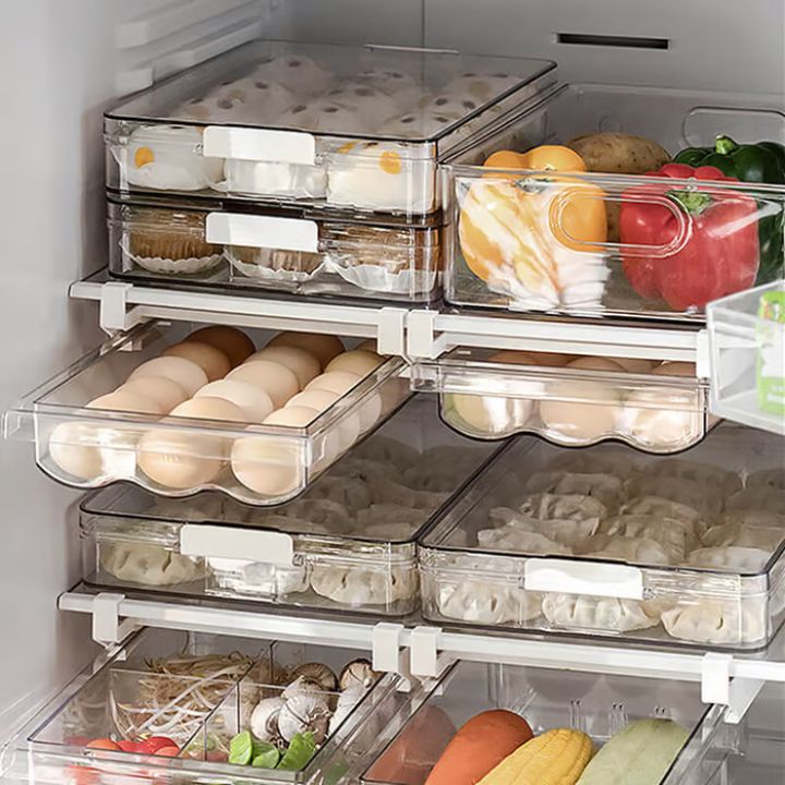 "Kühlschrank-Organizer platzsparend, BPA-frei, transparent, Schubladen für Eier, Obst, Gemüse effizient ordnen."