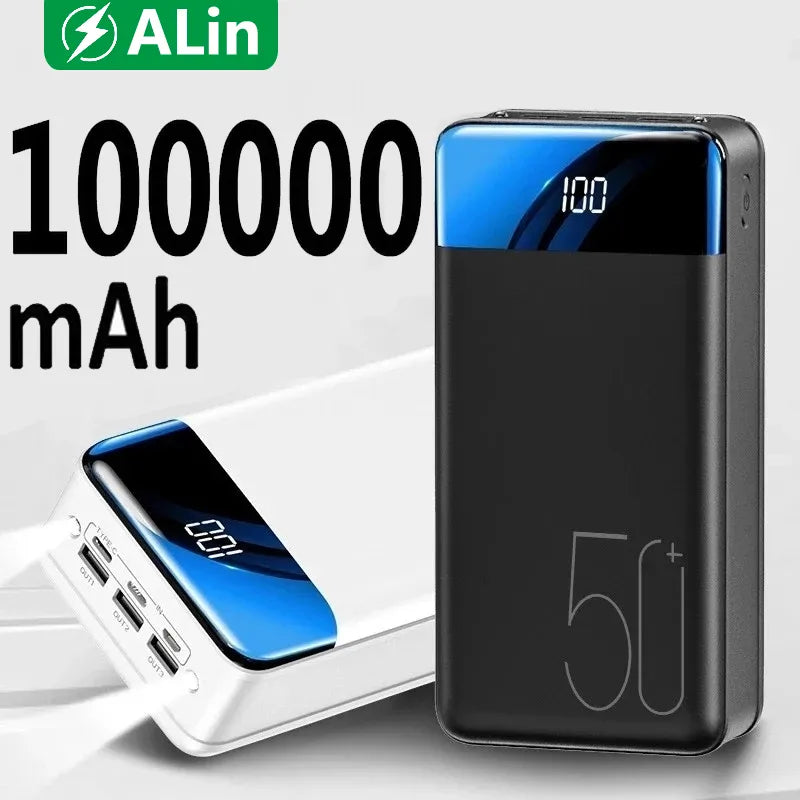 "Kompakte Powerbank 50.000 mAh, in Schwarz und Dunkelgrau, für schnelles Laden unterwegs, ideal für Reisen und Abenteuer."