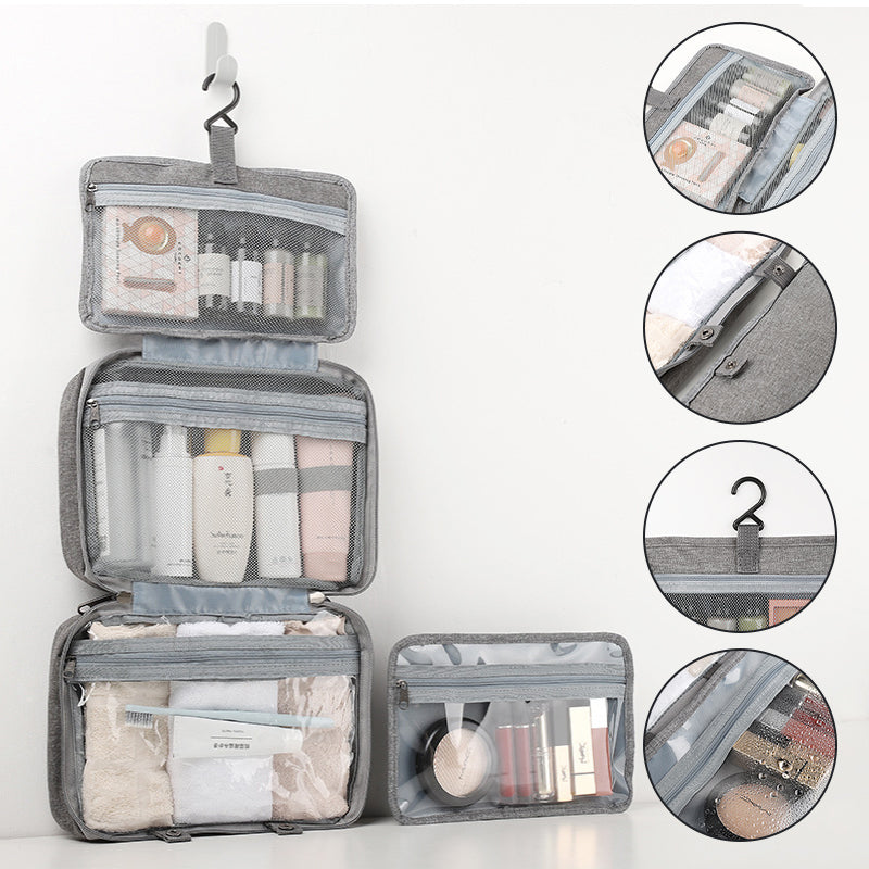 "Kompakter, wasserabweisender Reise-Kosmetik-Organizer mit Hanf-Optik, 4 Fächern, transparenten Seiten und Haken."