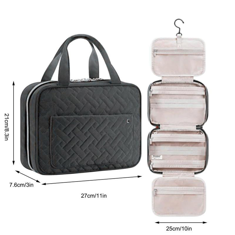 "Kompakter, wasserabweisender Reise-Kosmetik-Organizer mit Hanf-Optik, 4 Fächern, transparenten Seiten und Haken."