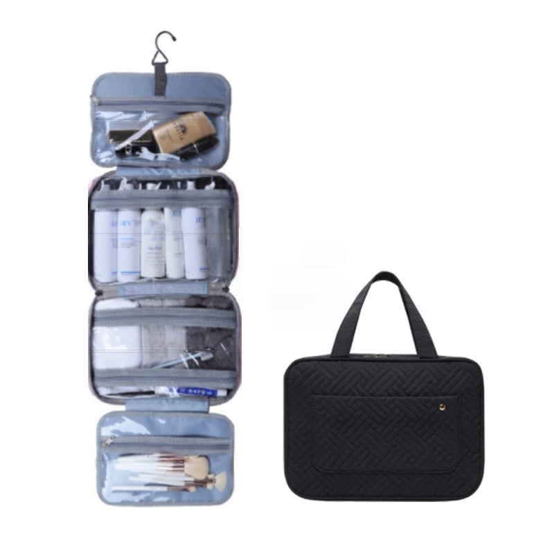 "Kompakter, wasserabweisender Reise-Kosmetik-Organizer mit Hanf-Optik, 4 Fächern, transparenten Seiten und Haken."