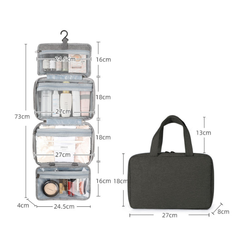 "Kompakter, wasserabweisender Reise-Kosmetik-Organizer mit Hanf-Optik, 4 Fächern, transparenten Seiten und Haken."