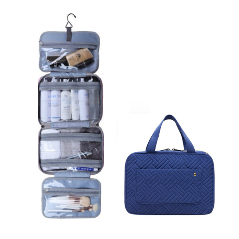 "Kompakter, wasserabweisender Reise-Kosmetik-Organizer mit Hanf-Optik, 4 Fächern, transparenten Seiten und Haken."