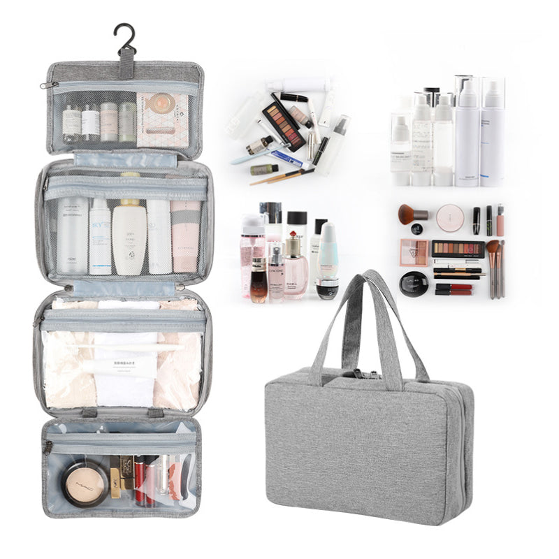 "Kompakter, wasserabweisender Reise-Kosmetik-Organizer mit Hanf-Optik, 4 Fächern, transparenten Seiten und Haken."