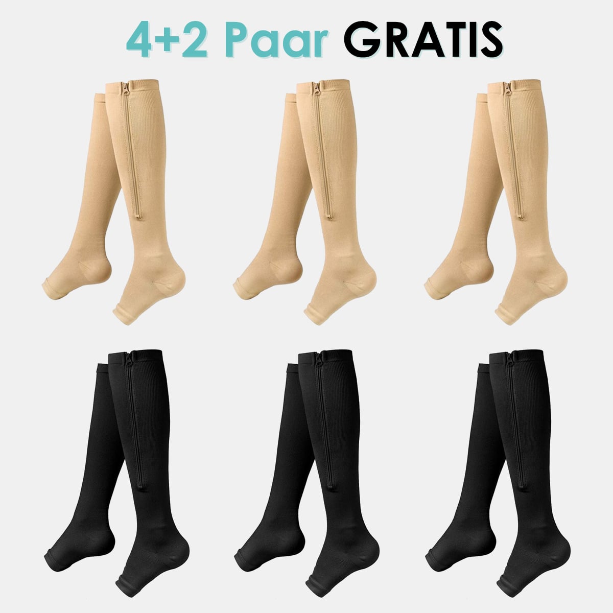 "Kompressionsstrümpfe mit Reißverschluss, schwarz, für verbesserte Blutzirkulation und Komfort, aus Spandex und Nylon."