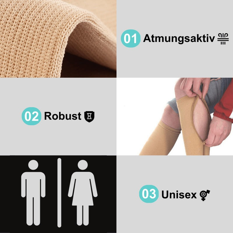 "Kompressionsstrümpfe mit Reißverschluss, schwarz, für verbesserte Blutzirkulation und Komfort, aus Spandex und Nylon."