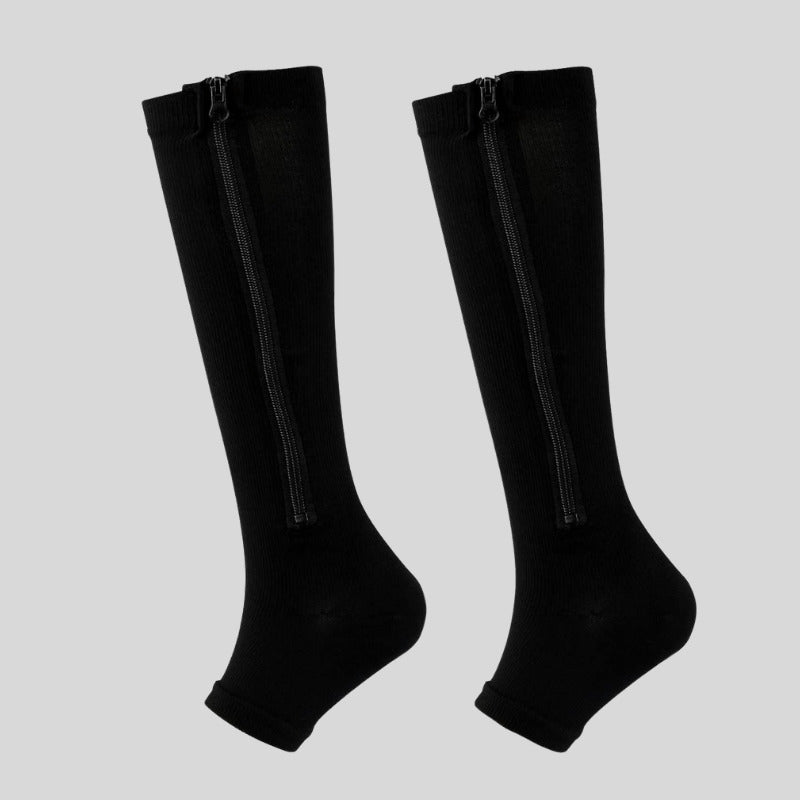 "Kompressionsstrümpfe mit Reißverschluss, schwarz, für verbesserte Blutzirkulation und Komfort, aus Spandex und Nylon."