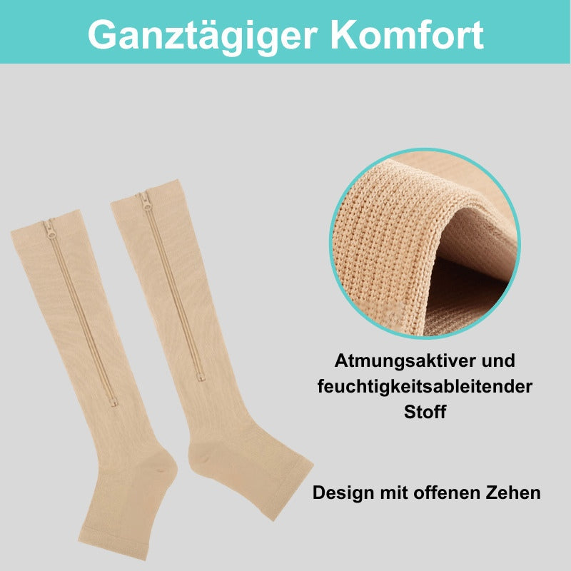 "Kompressionsstrümpfe mit Reißverschluss, schwarz, für verbesserte Blutzirkulation und Komfort, aus Spandex und Nylon."
