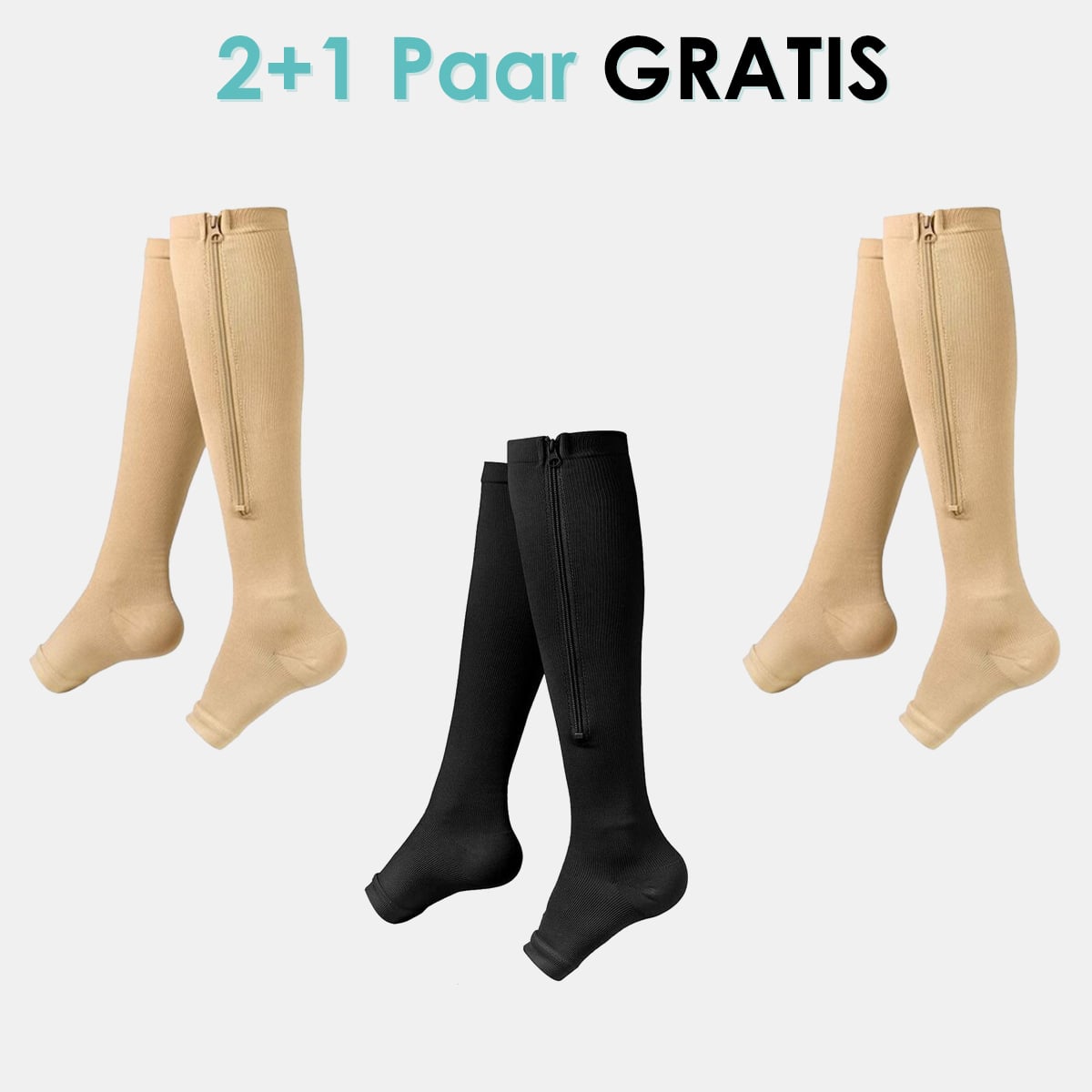 "Kompressionsstrümpfe mit Reißverschluss, schwarz, für verbesserte Blutzirkulation und Komfort, aus Spandex und Nylon."