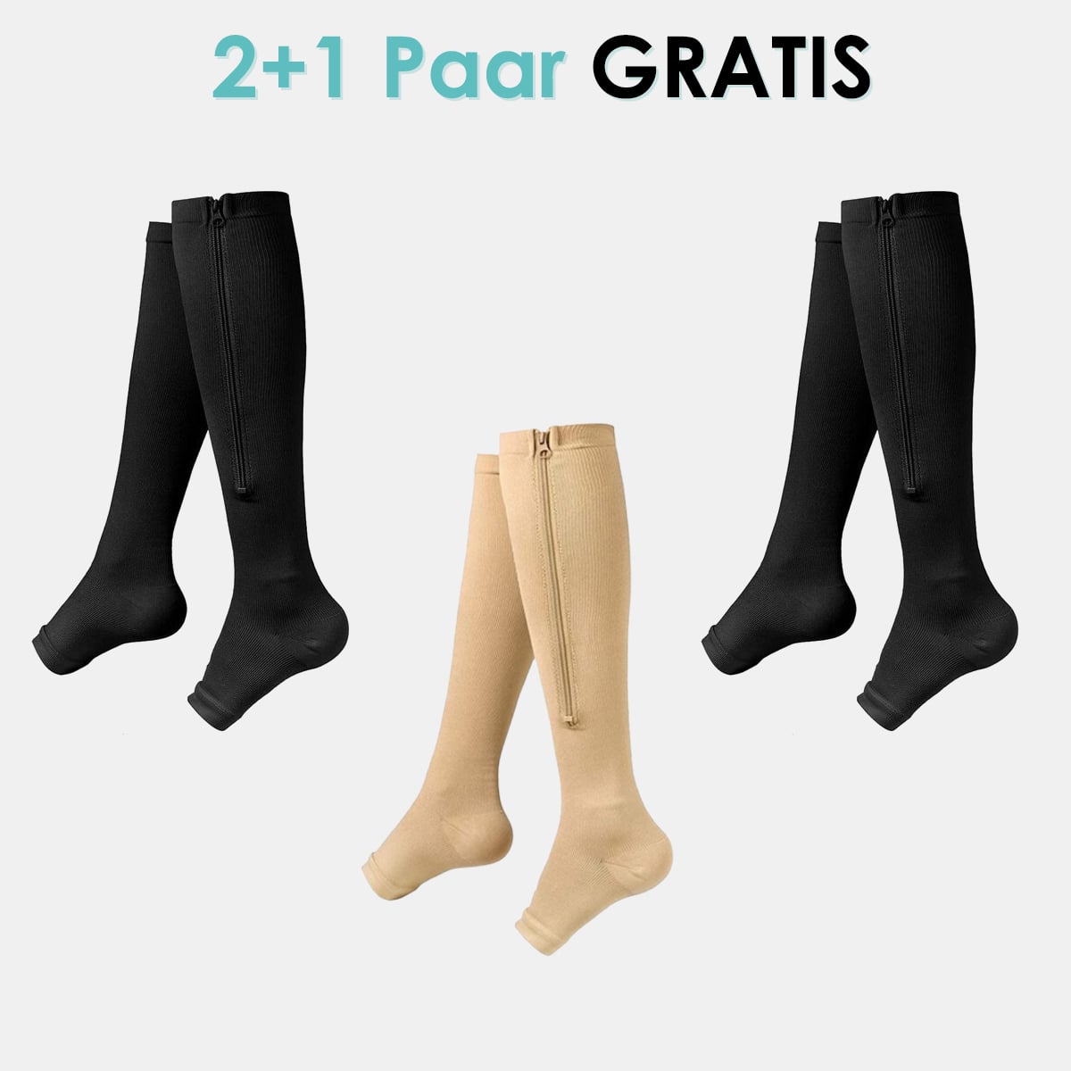"Kompressionsstrümpfe mit Reißverschluss, schwarz, für verbesserte Blutzirkulation und Komfort, aus Spandex und Nylon."