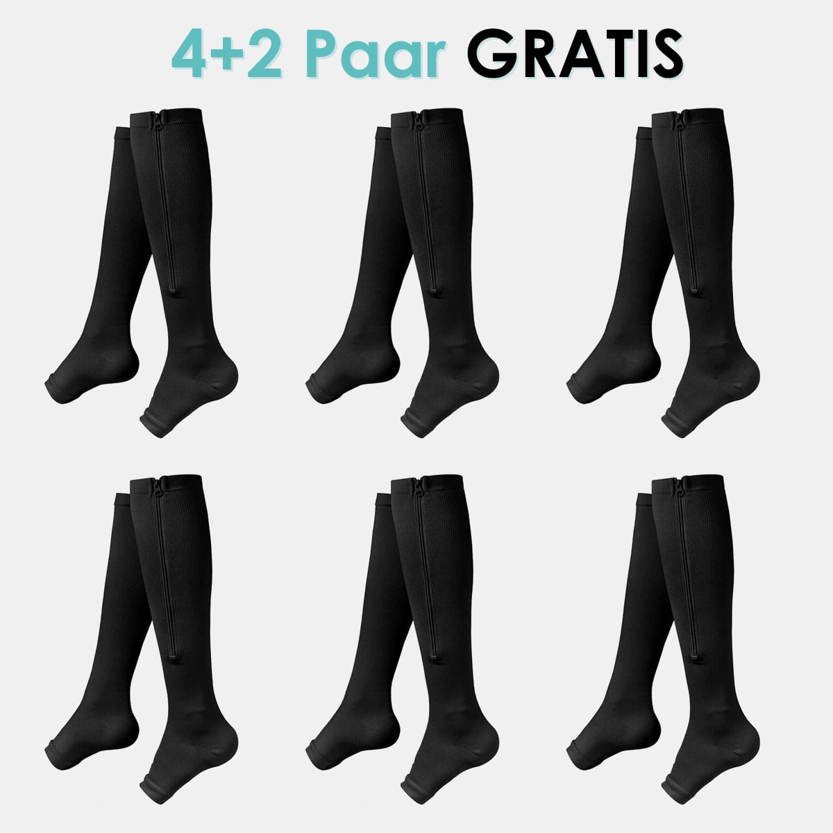 "Kompressionsstrümpfe mit Reißverschluss, schwarz, für verbesserte Blutzirkulation und Komfort, aus Spandex und Nylon."