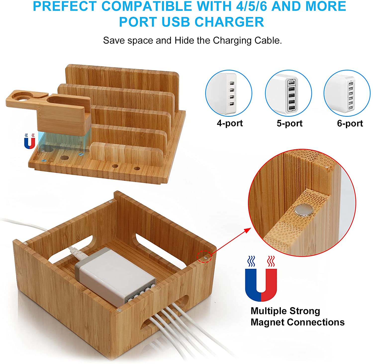 "Ladestation aus Bambus, 5-Port USB, elegantes Design, multifunktional, mit Kabelmanagement für Smartphones und mehr."