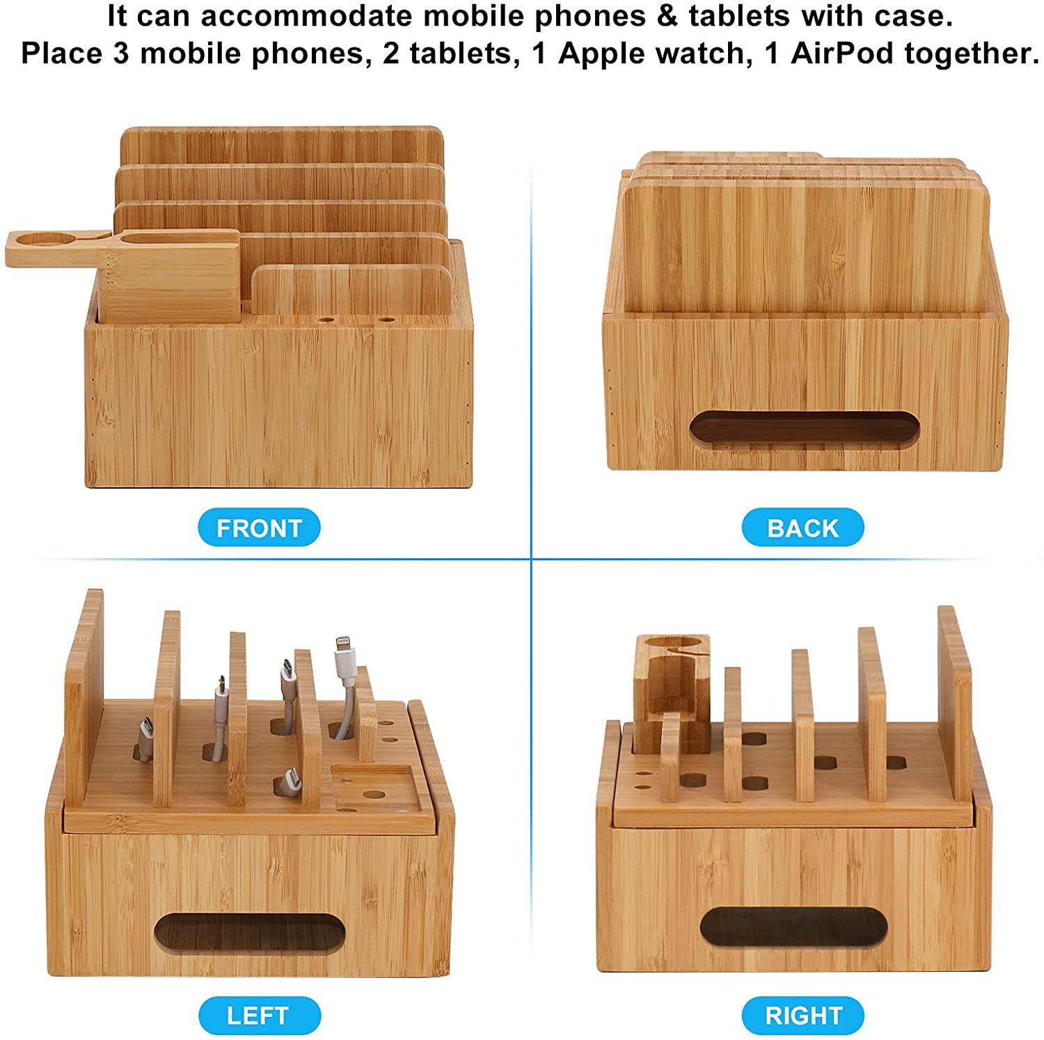 "Ladestation aus Bambus, 5-Port USB, elegantes Design, multifunktional, mit Kabelmanagement für Smartphones und mehr."