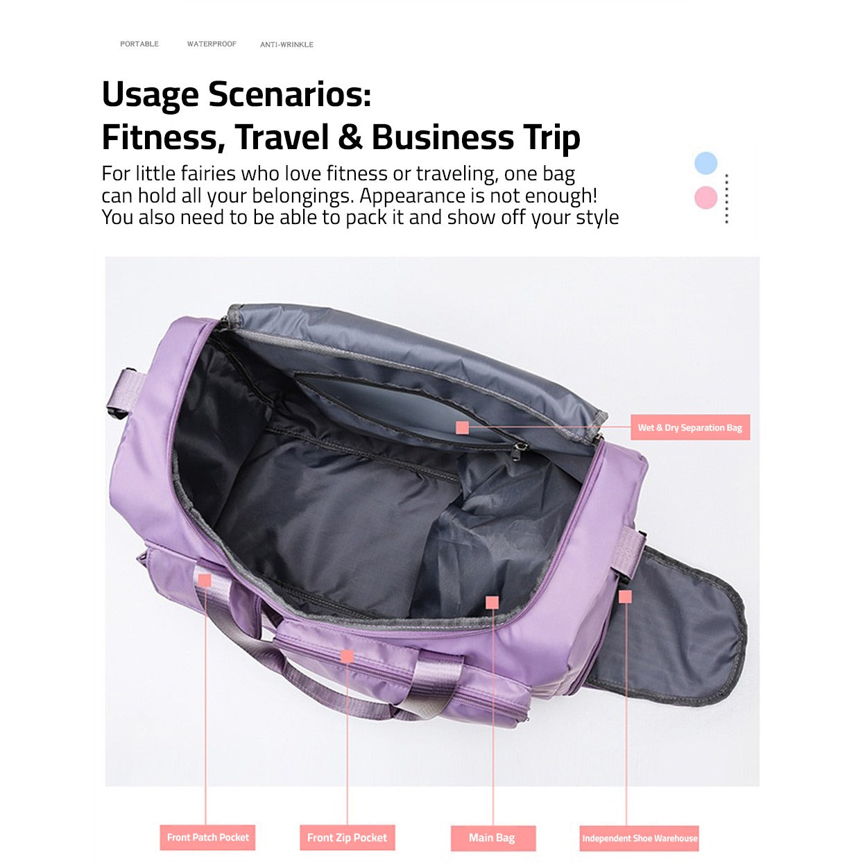"Lila wasserdichte Reisetasche aus Oxford-Stoff, multifunktional, mit mehreren Fächern für Sport und Reisen."