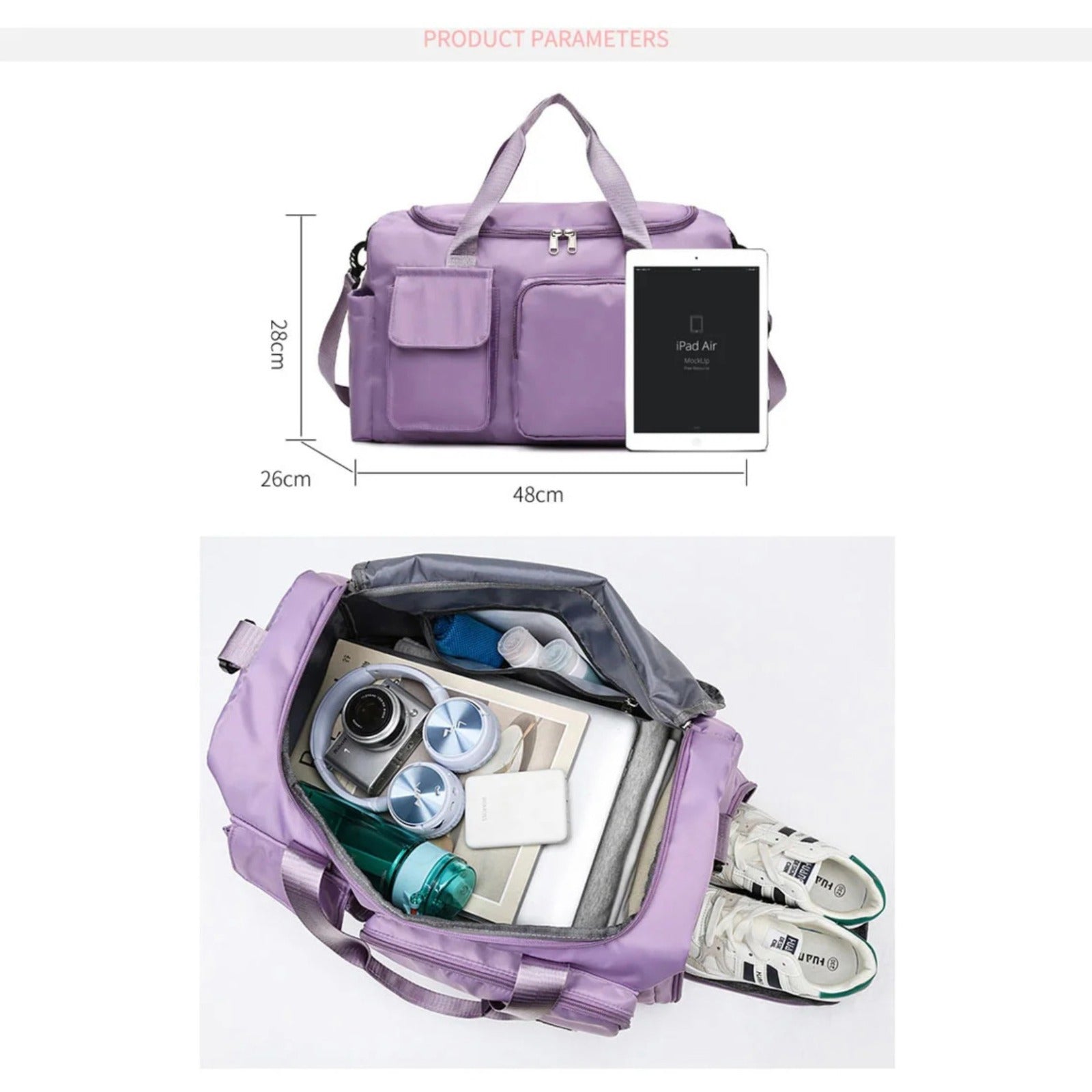"Lila wasserdichte Reisetasche aus Oxford-Stoff, multifunktional, mit mehreren Fächern für Sport und Reisen."