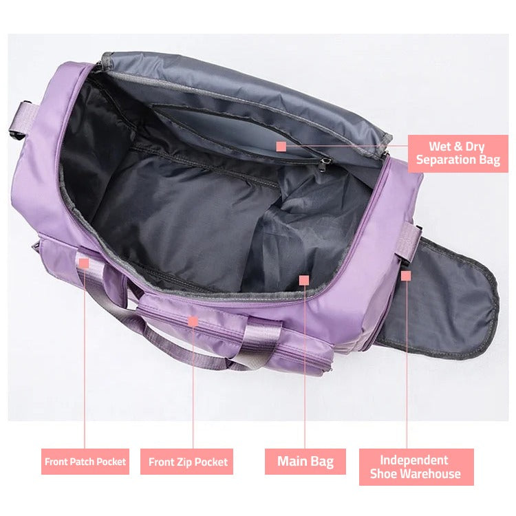 "Lila wasserdichte Reisetasche aus Oxford-Stoff, multifunktional, mit mehreren Fächern für Sport und Reisen."