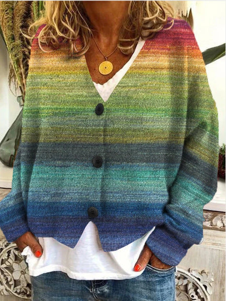 Mehrfarbiger Damen-Cardigan mit Knopfleiste, lebendige Muster, weicher Stoff, stilvoll über Kleider oder Oberteile.