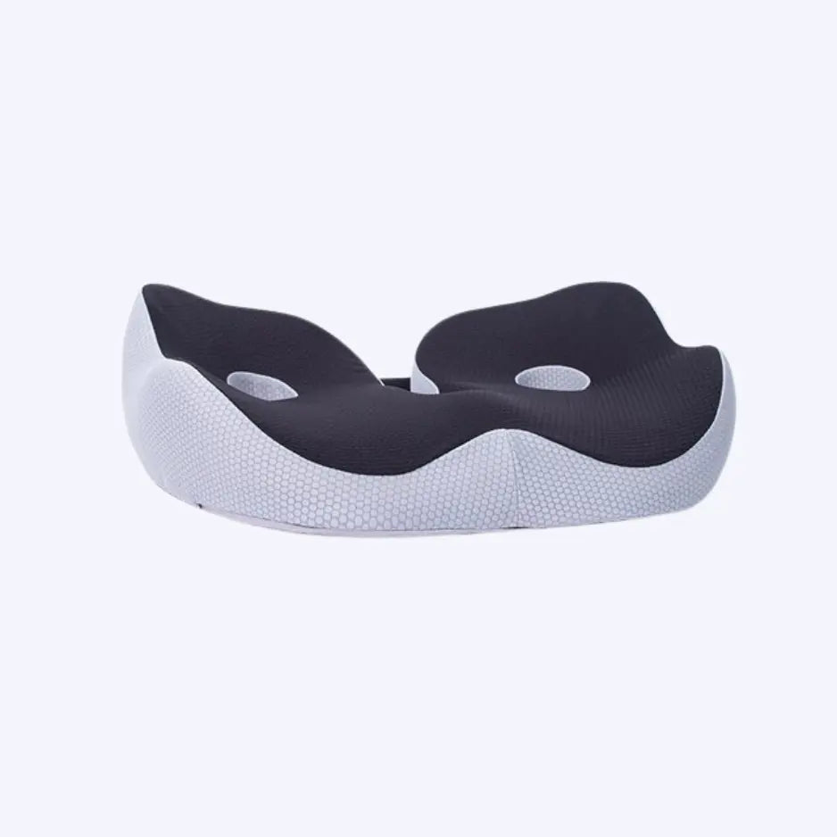 Orthopädisches Sitzkissen LumbarMed Pro, ergonomisch, grau-blau, mit Gurten, für Komfort und gesunde Sitzhaltung.