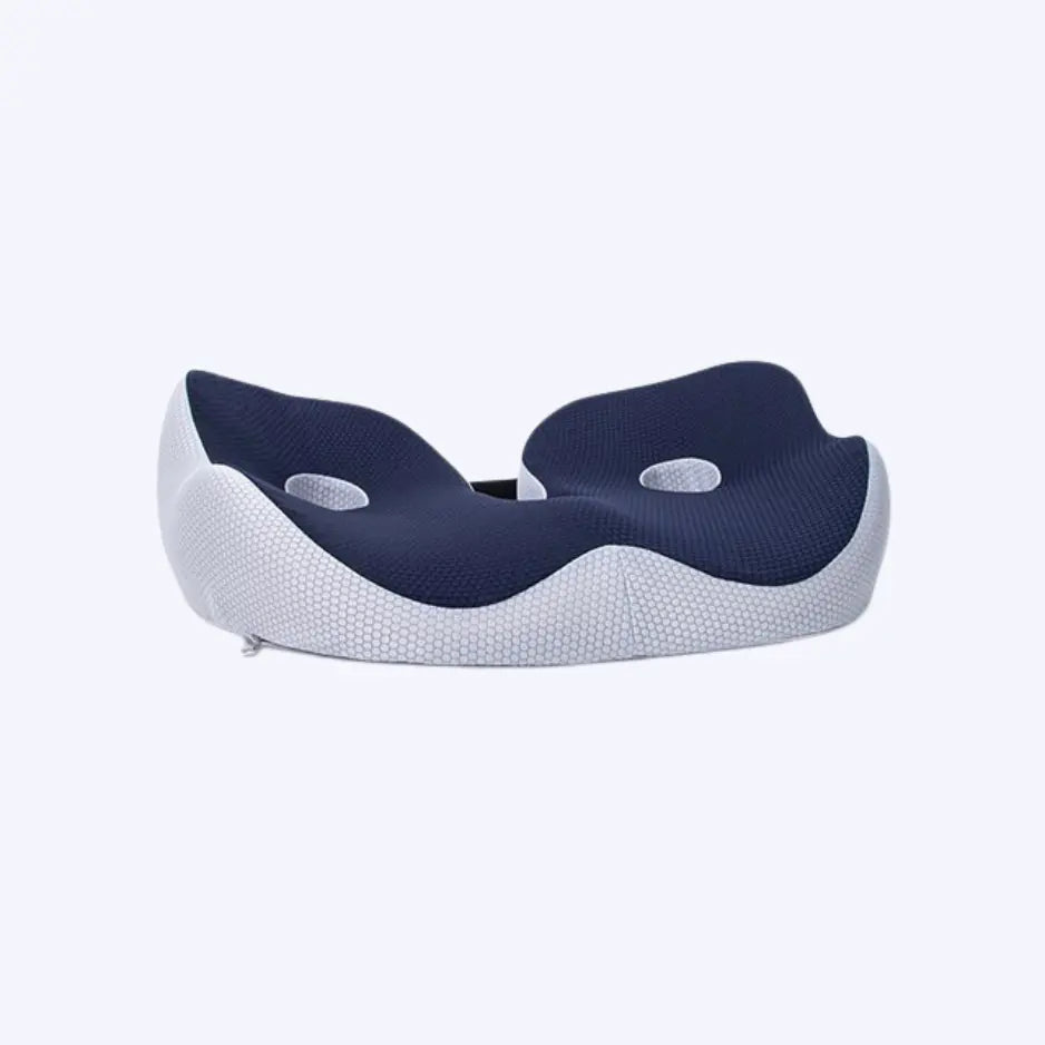 Orthopädisches Sitzkissen LumbarMed Pro, ergonomisch, grau-blau, mit Gurten, für Komfort und gesunde Sitzhaltung.