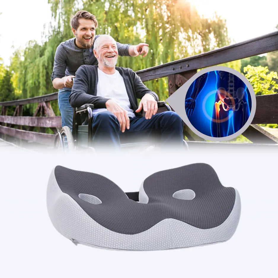 Orthopädisches Sitzkissen LumbarMed Pro, ergonomisch, grau-blau, mit Gurten, für Komfort und gesunde Sitzhaltung.