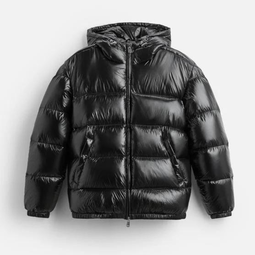 "Pufferjacke Damen wasserdicht, recyceltes Material, Vorderansicht, glänzend, hoher Kragen, schwarze Farbe"