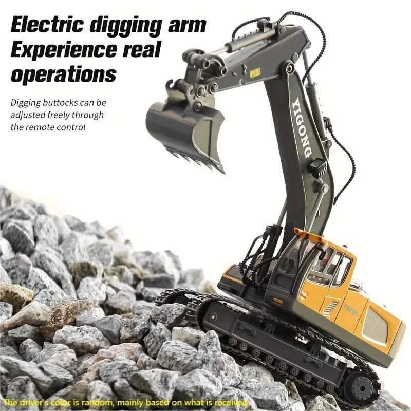 "RC Bagger mit 11 Funktionen in action, detailgetreu und robust, ideal für Bauabenteuer auf Spielzeug-Baustellen."