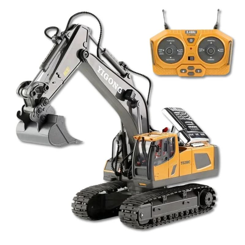 "RC Bagger mit 11 Funktionen in action, detailgetreu und robust, ideal für Bauabenteuer auf Spielzeug-Baustellen."