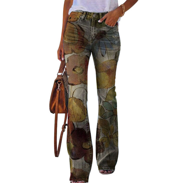 Retro 4-Knopf-Flare-Jeans, weites Bein, hochwertiger blauer Denim, zeitloser Look, Damenmode, Vintage-Stil, figurbetont.