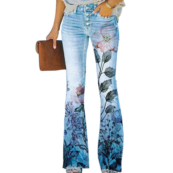 Retro 4-Knopf-Flare-Jeans, weites Bein, hochwertiger blauer Denim, zeitloser Look, Damenmode, Vintage-Stil, figurbetont.