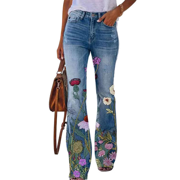Retro 4-Knopf-Flare-Jeans, weites Bein, hochwertiger blauer Denim, zeitloser Look, Damenmode, Vintage-Stil, figurbetont.