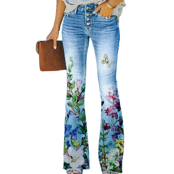 Retro 4-Knopf-Flare-Jeans, weites Bein, hochwertiger blauer Denim, zeitloser Look, Damenmode, Vintage-Stil, figurbetont.