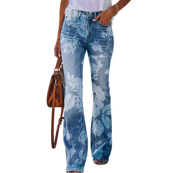 Retro 4-Knopf-Flare-Jeans, weites Bein, hochwertiger blauer Denim, zeitloser Look, Damenmode, Vintage-Stil, figurbetont.