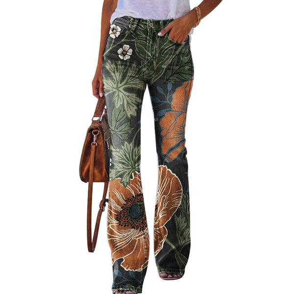 Retro 4-Knopf-Flare-Jeans, weites Bein, hochwertiger blauer Denim, zeitloser Look, Damenmode, Vintage-Stil, figurbetont.