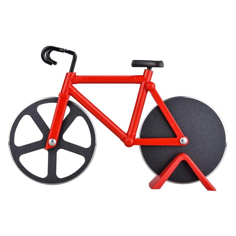 "RollCut Fahrrad-Pizzaschneider mit Edelstahlklingen und einzigartigem Design, farbenfrohes Mini-Fahrrad-Look."