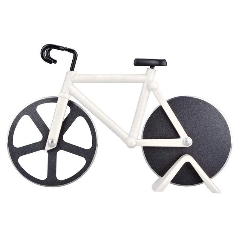 "RollCut Fahrrad-Pizzaschneider mit Edelstahlklingen und einzigartigem Design, farbenfrohes Mini-Fahrrad-Look."