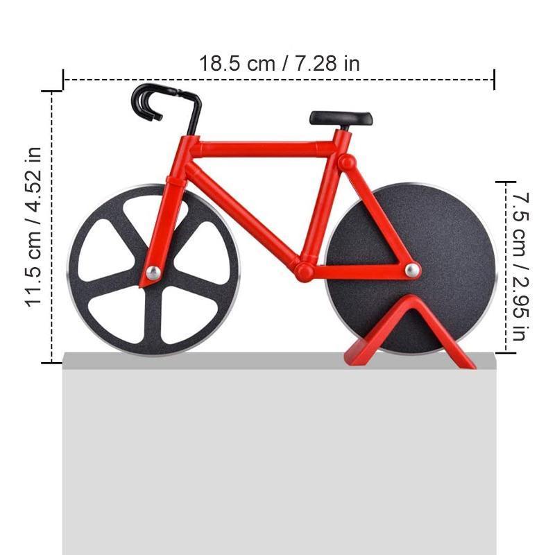 "RollCut Fahrrad-Pizzaschneider mit Edelstahlklingen und einzigartigem Design, farbenfrohes Mini-Fahrrad-Look."