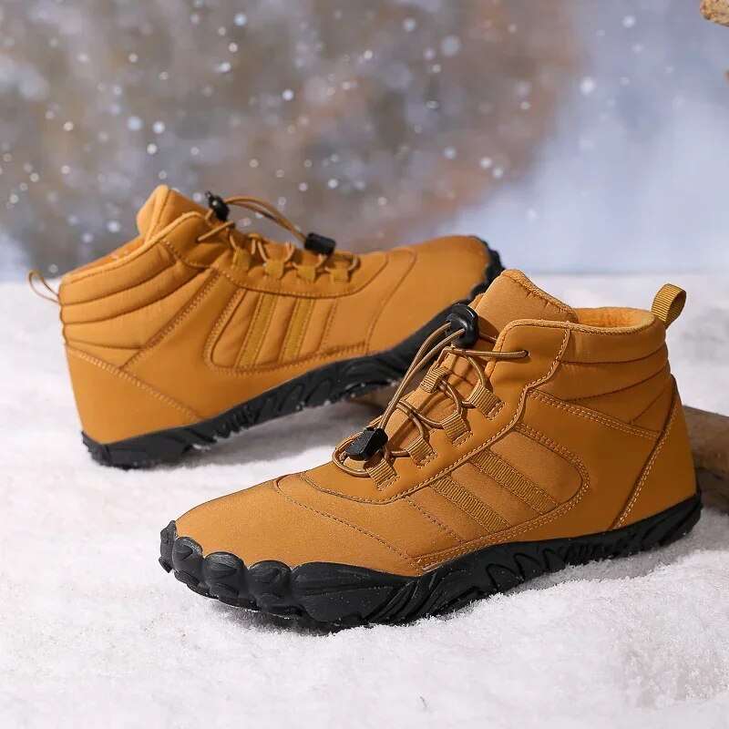 Rutschfeste Winter Barfußschuhe, warmes Innenfutter, hohe Sohle, ideal für Schnee und kalte Bedingungen.