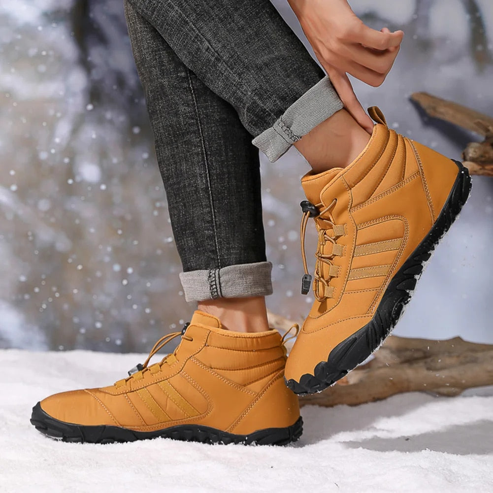 Rutschfeste Winter Barfußschuhe, warmes Innenfutter, hohe Sohle, ideal für Schnee und kalte Bedingungen.