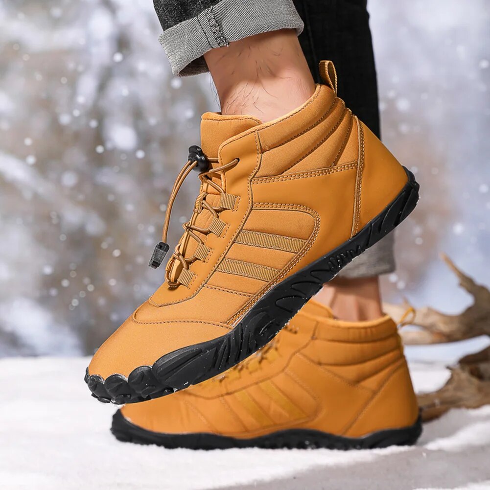 Rutschfeste Winter Barfußschuhe, warmes Innenfutter, hohe Sohle, ideal für Schnee und kalte Bedingungen.