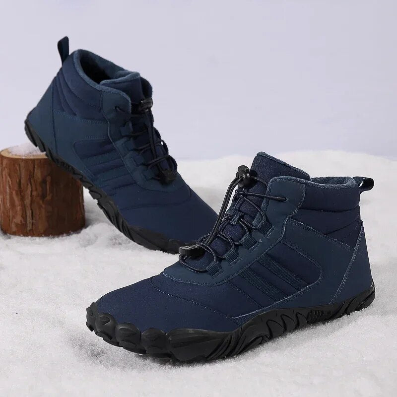 Rutschfeste Winter Barfußschuhe, warmes Innenfutter, hohe Sohle, ideal für Schnee und kalte Bedingungen.