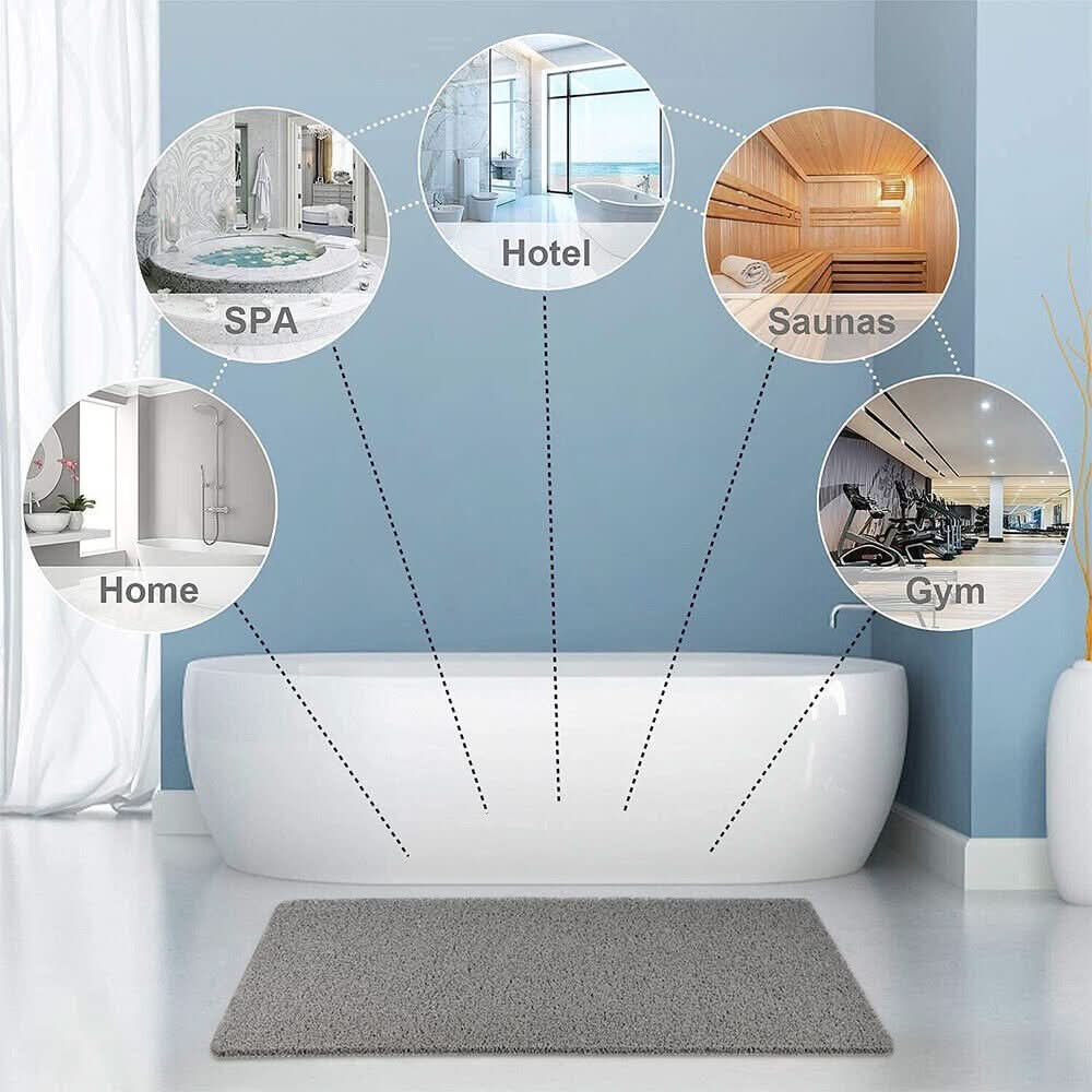 "Rutschfeste, graue Duschmatte mit offenem Drainage-Design, loofah-ähnlicher Oberfläche und Anti-Slip-Unterseite."