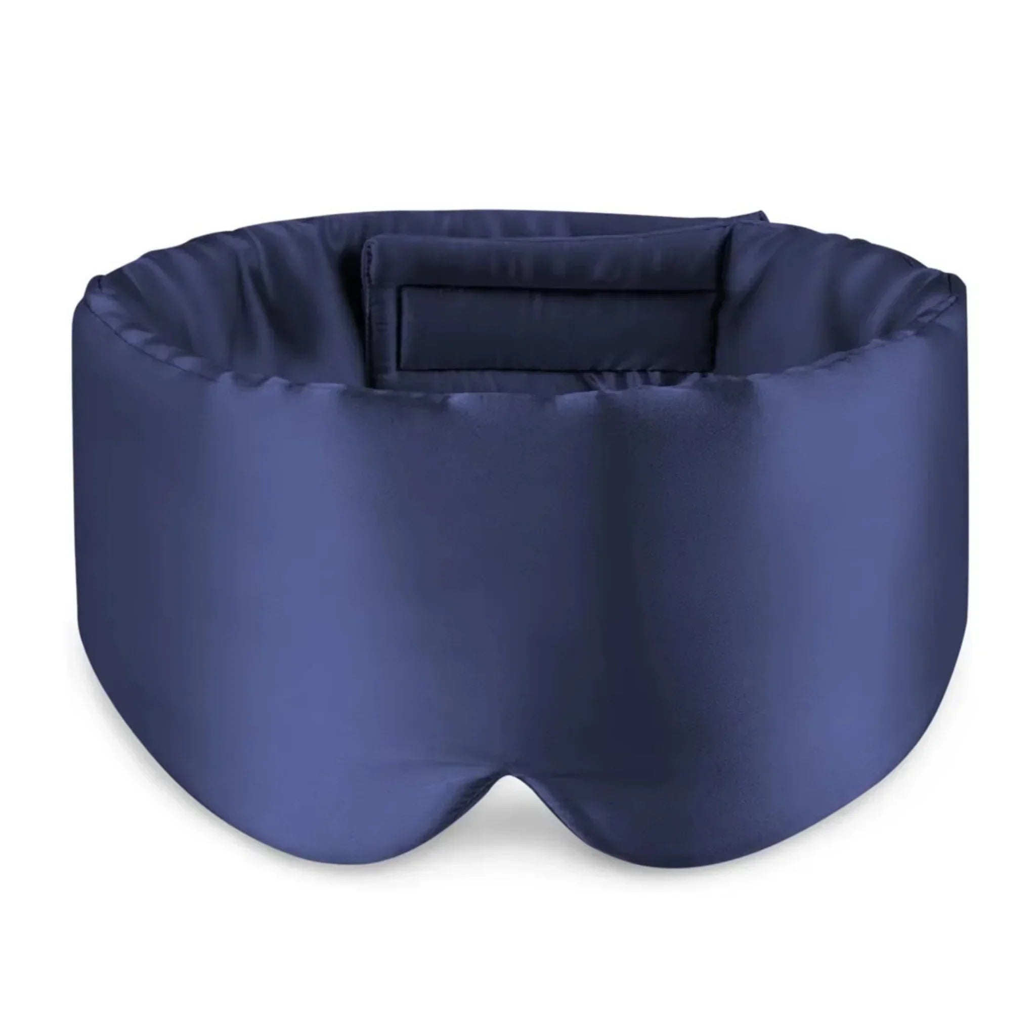 "Samtweiche Schlafmaske aus Seide, dunkelblau, ergonomisches Design, ideal für erholsamen Schlaf und Reisen."