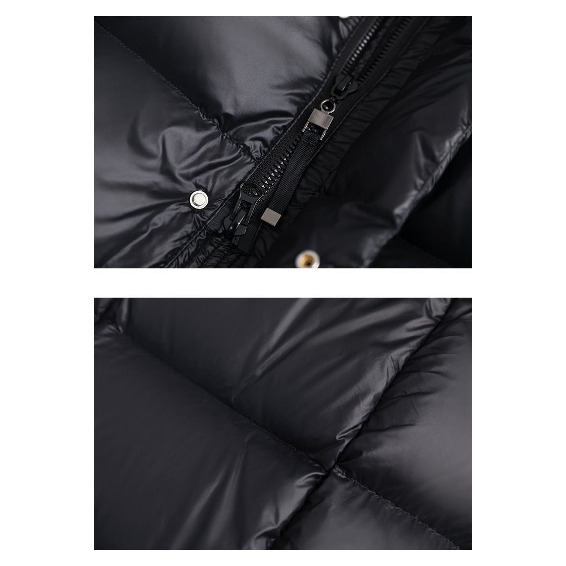 Schwarze Damen Winterjacke, elegant mit Kapuze und Daunenfüllung, urbaner Stil, warm und windabweisend für kalte Tage.