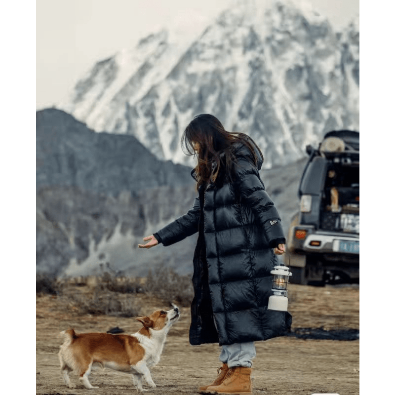 Schwarze Damen Winterjacke, elegant mit Kapuze und Daunenfüllung, urbaner Stil, warm und windabweisend für kalte Tage.