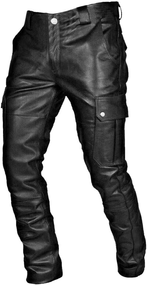 Schwarze Leder Motorradhose für Männer mit Cargotaschen, robustem Design und verstellbaren Details für optimalen Komfort.