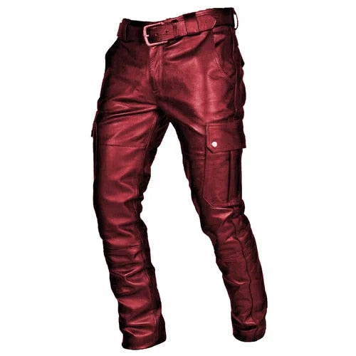 Schwarze Leder Motorradhose für Männer mit Cargotaschen, robustem Design und verstellbaren Details für optimalen Komfort.
