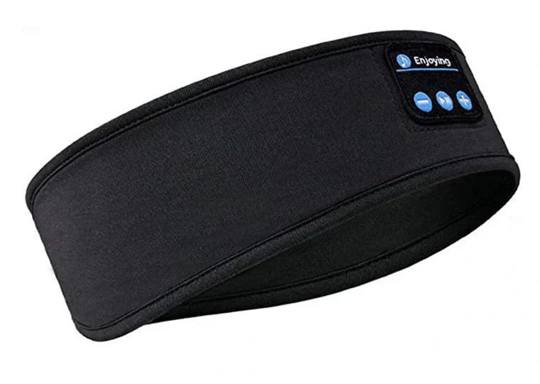 "Schwarze Schlafmaske mit Bluetooth, weicher Stoff, passt sich dem Gesicht an, bietet Dunkelheit und Musikgenuss."
