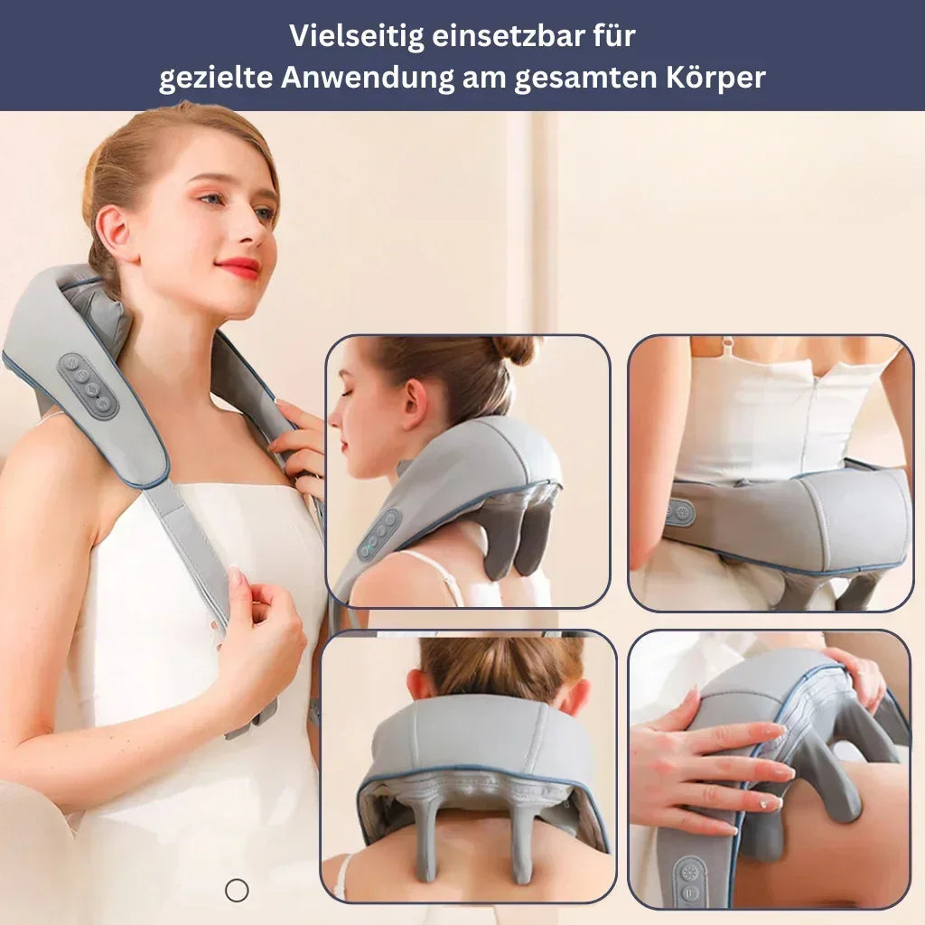 "Shiatsu-Massagematte in Beige und Grau, kompakt, für entspannte Muskelmassage zuhause. Benutzerfreundlich, elegant."